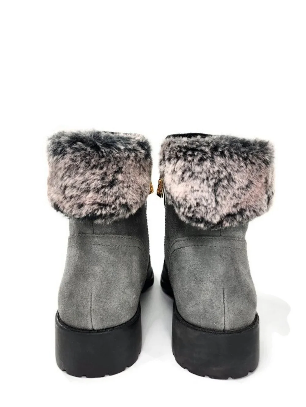 Cole Haan Quinney Grey Suede Faux Fur Waterproof Dual Zip Lug Sole Chelsea Boots